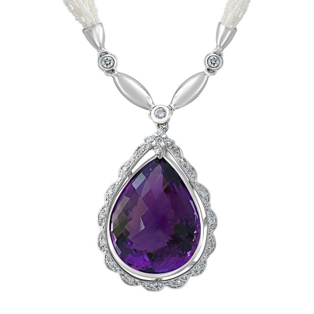 54 Carat Tear Drop Amethyst and Diamonds with Seed Pearl Necklace 18 Karat Gold For Sale - Image 17 of 18