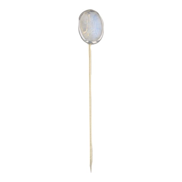 Antique Blue Flash Moonstone Stickpin 14k Gold Platinum Hand Carved Figural For Sale