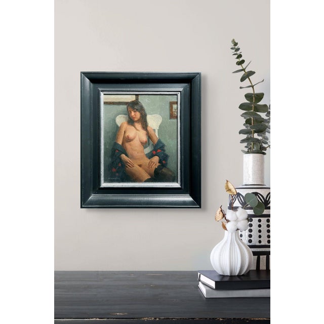 Looking Away by Mark Bradley Schwartz | Oil on Board Nude Woman Seated with a Shawl For Sale - Image 4 of 5