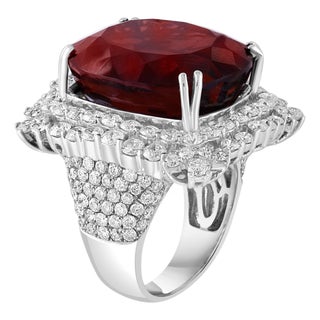 25 Carat Cushion Shape Rhodolite Garnet and 5.8 Carat Diamond Ring 18 Karat Gold For Sale