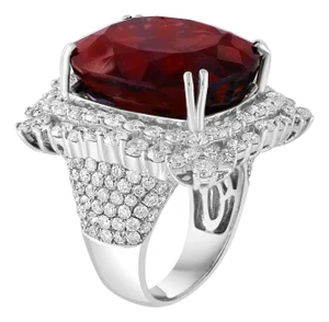 25 Carat Cushion Shape Rhodolite Garnet and 5.8 Carat Diamond Ring 18 Karat Gold
