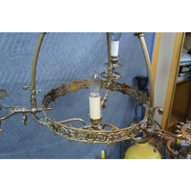 Antique Victorian Converted 4 Light Hurricane Candlestick Pendant Chandelier 36" For Sale - Image 6 of 16