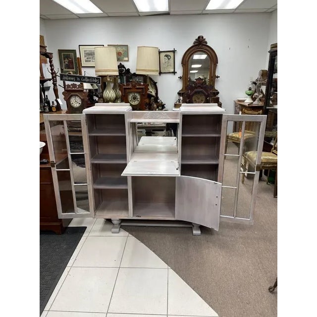 1940's Tiger Oak Mirrored Desk Cabinet, Locking Glass Side Doors, Flip Down Desk-Top For Sale - Image 4 of 12