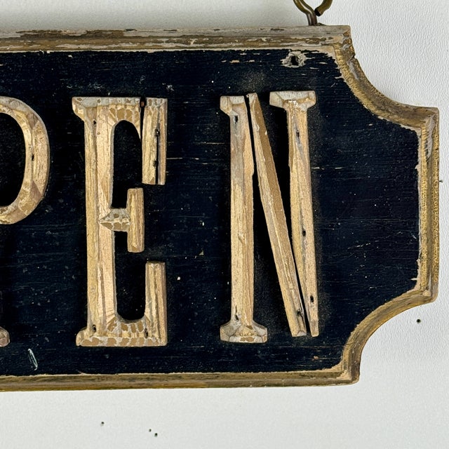 Early 20th Century Small Vintage "Open" Double Sided Wood Sign With Scalloped Edges & Raised Letters For Sale - Image 5 of 9