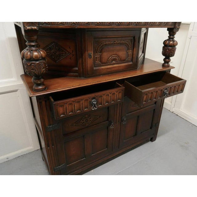 19th Century Arts & Crafts Gothic Carved Oak Court Cupboard, 1900s For Sale - Image 6 of 9