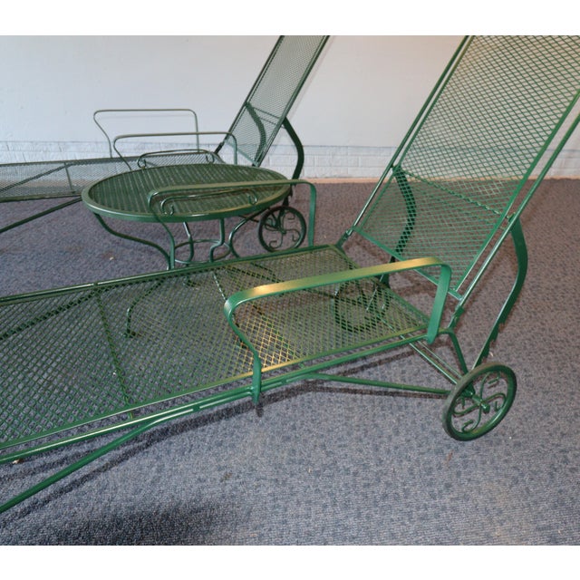 Mid 20th Century Mid 20th Century Attributed to Russell Woodard Wrought Iron Chaise Loungers With Removable Service Table For Sale - Image 5 of 13