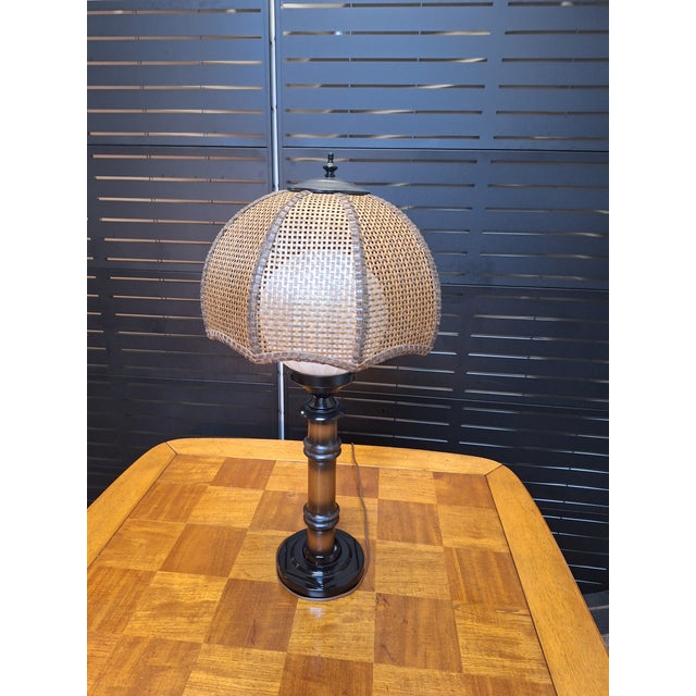 Vintage 70's Tropical Bamboo Lamp With Wicker Shade For Sale In Mobile - Image 6 of 8