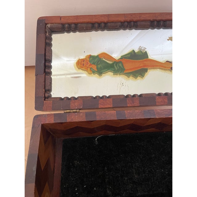 Wood Handmade Antique Wooden Box With Geometric Herringbone Chevron Parquetry Inlay For Sale - Image 7 of 12