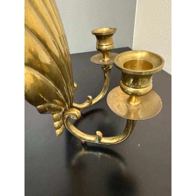 Mid-Century Hollywood Regency Brass Scallop Shell Double Candle Holder Wall Sconce For Sale - Image 11 of 12