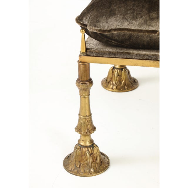 1950's Brass and Crushed Velvet French Ottoman For Sale - Image 4 of 14