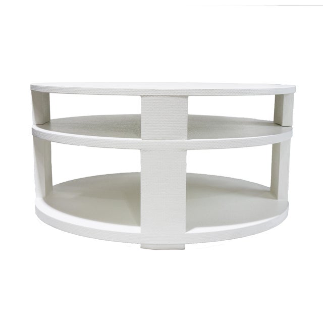 Early 21st Century Vintage White Raffia Round Two-Tier Coffee Table With Open Shelves For Sale - Image 5 of 11