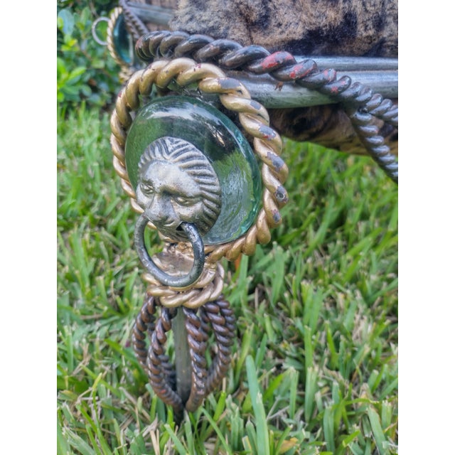 Vintage Maitland Smith Heavy Braided Iron Tassel Lion Head Corner Cheetah Foot Stool Ottoman For Sale - Image 9 of 9