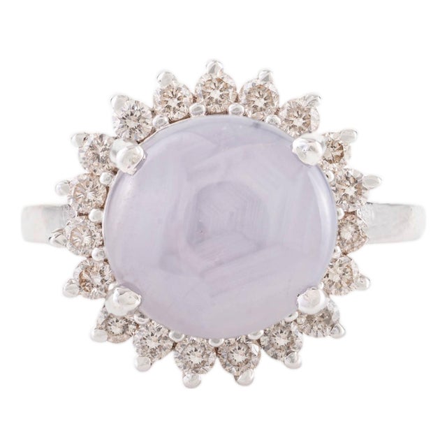 French Vintage-Inspired Star Sapphire Diamond Sunburst Cocktail Ring in 14k Gold Size 5.5 For Sale