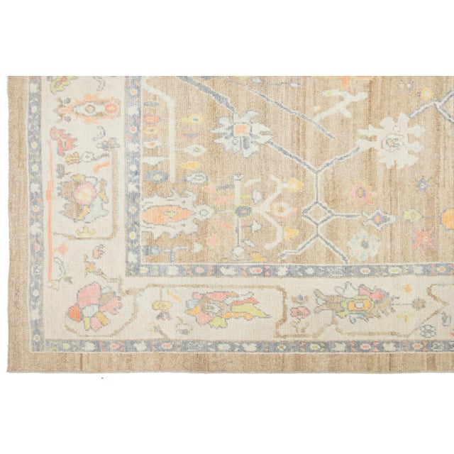 Textile Light Brown Modern Turkish Oushak Wool Rug With Floral Design For Sale - Image 7 of 10