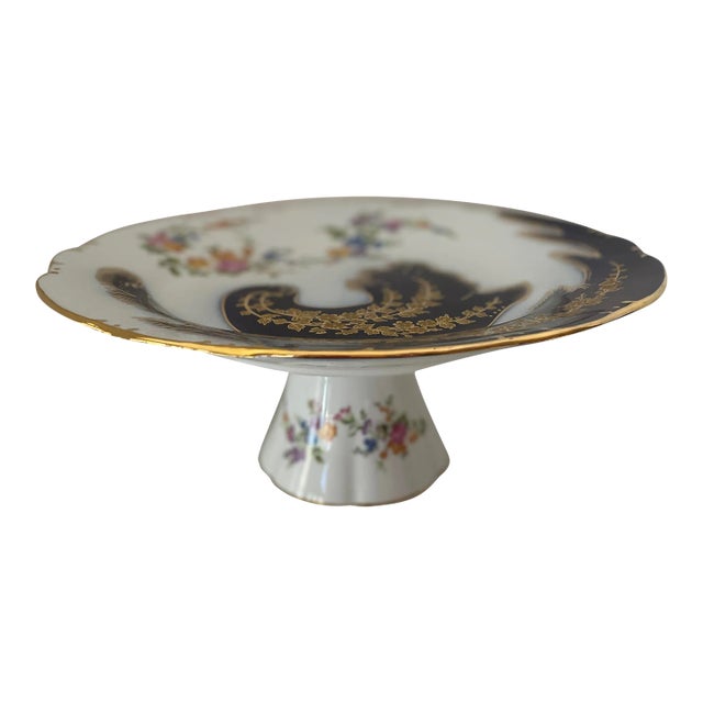 1980s Vintage "Casati Fine Porcelains" Germany Floral & Decorative Hand Painted Cake/Desert Pedestal For Sale