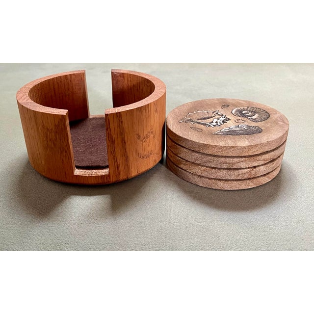 Late 20th Century Late 20th Century Seashell Sandstone Coasters & Wooden Caddy- 5 Pieces For Sale - Image 5 of 9