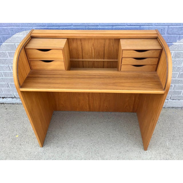 Brown Mid 20th Century Danish Modern Mid-Century Teak Roll Top Desk For Sale - Image 8 of 12