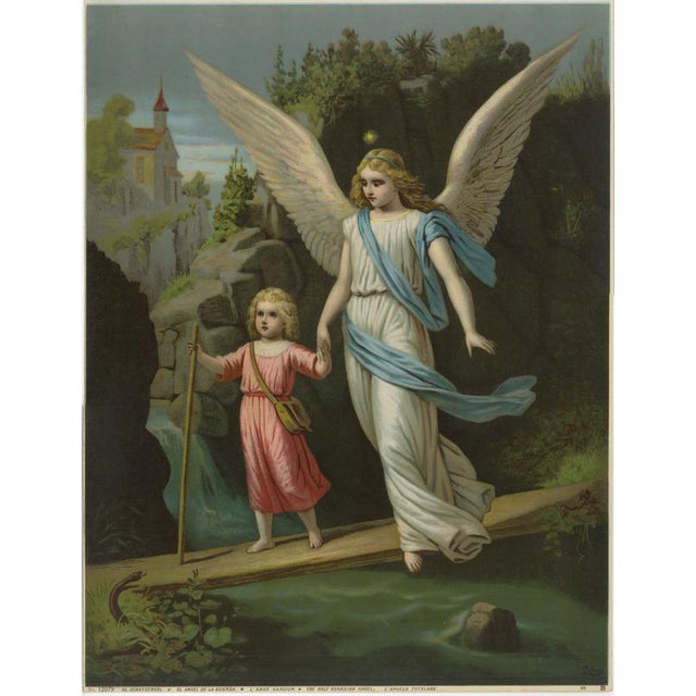 Holy Guardian Angel Protecting a Child, 1900, Chromolithograph For Sale - Image 10 of 10