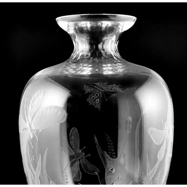 Late 20th Century Art Nouveau Style Large Crystal Vase Engraved With Butterflies and Dragonflies For Sale - Image 4 of 13
