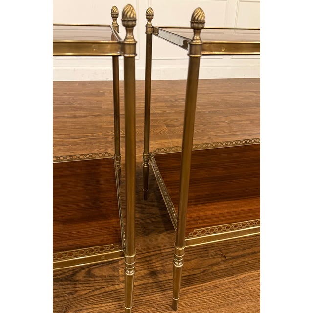 Pair of Two Tiered Brass and Wood End Tables by Leighton Hall - Showroom Samples For Sale - Image 17 of 17