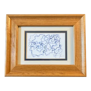 1980’s Original Wayne Cunningham Small Abstract Blue Ink Drawing Vintage Oak Tabletop Frame