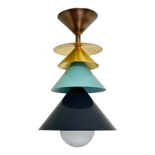 Brass and Metal Flush Mount Ceiling Light With Bell Style Design and Milk Glass Shade For Sale
