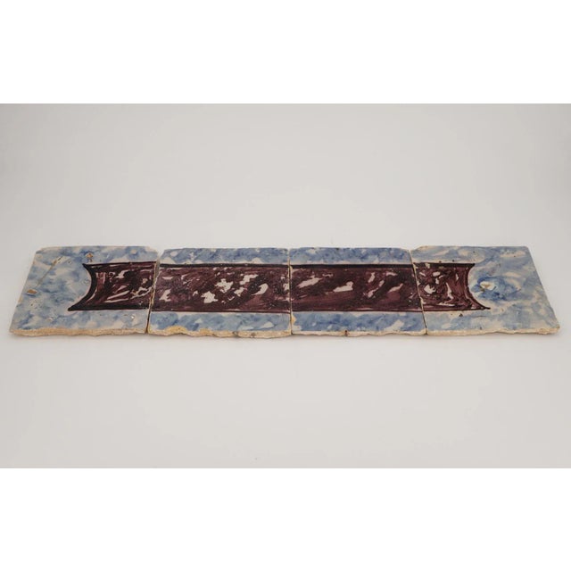 Baroque 18th Century Antique Portuguese Strip of Four Blue and Brown Spongeware Tiles For Sale - Image 3 of 11