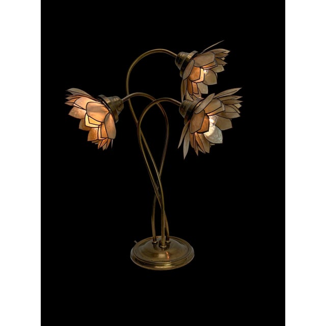 Vintage Brass Floral Table Lamp with Three Lotus Flowers, 1960s For Sale - Image 9 of 14