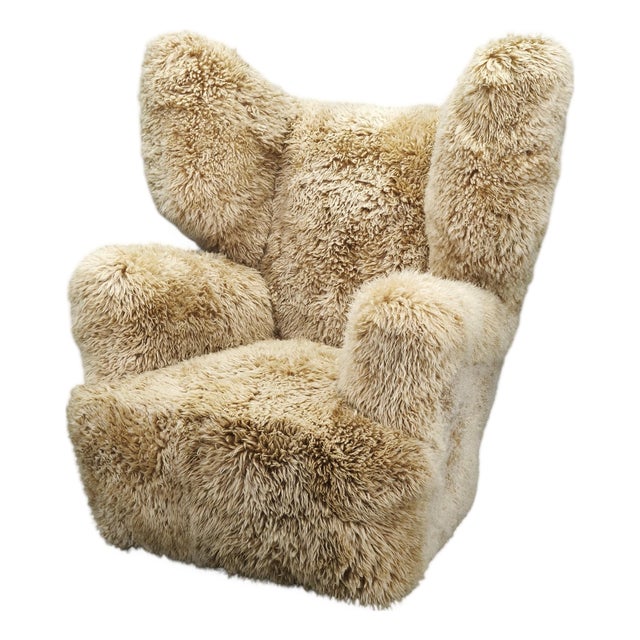 Art Deco Wingback Lounge Chair in Honey Skandilock Sheepskin, 1930s For Sale