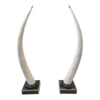 Elephant Tusks, Tessellated Stone With Brass Trim- A Pair For Sale