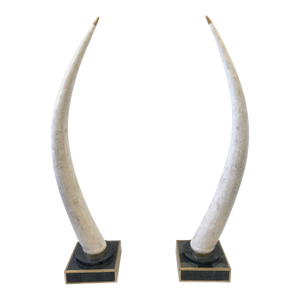 Elephant Tusks, Tessellated Stone With Brass Trim- A Pair