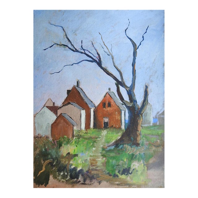 Mid 20th Century Modernist Farmhouse Landscape Painting For Sale