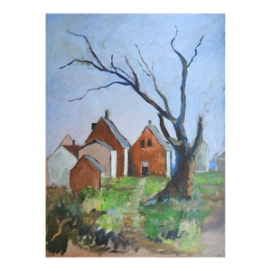 Mid 20th Century Modernist Farmhouse Landscape Painting