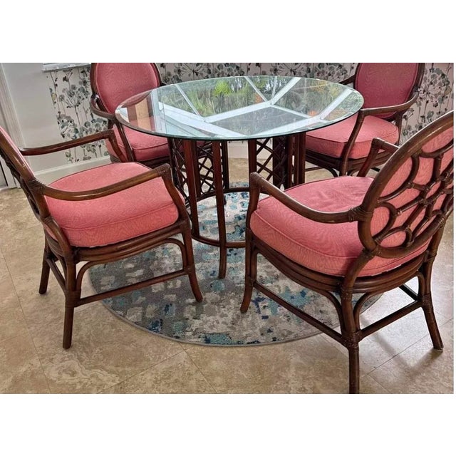 Mid 20th Century David Francis Attributed, Rattan Dining Set With Coveted “Spider Back” Coastal Design. Leather Bindings, Quality Construction and Coral Damask Fabric. For Sale - Image 5 of 8