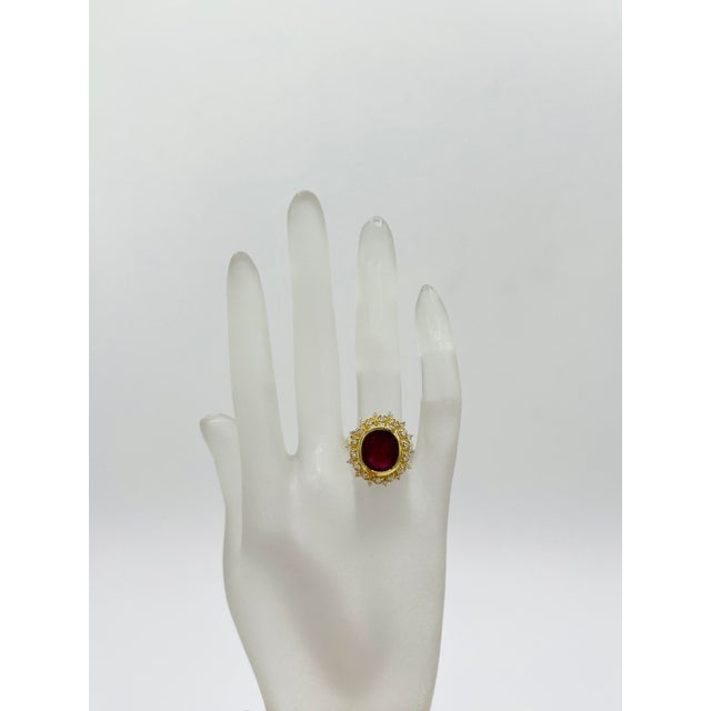 Modern Gia No Heat Mozambique 5 Carat Ruby Oval & Diamond Ring in 18k Yellow Gold, Size 7 For Sale - Image 3 of 7