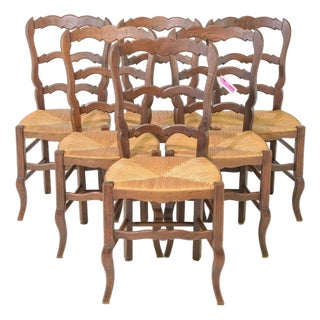 Early 20th Century Louis XV Style Set of 6 Oak Rush Seat Dining Chairs For Sale
