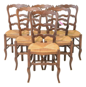 Early 20th Century Louis XV Style Set of 6 Oak Rush Seat Dining Chairs