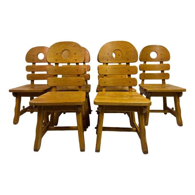 Vintage Brutalist Fish Bone Dining Chairs in Oak, 1970s, Set of 6 For Sale