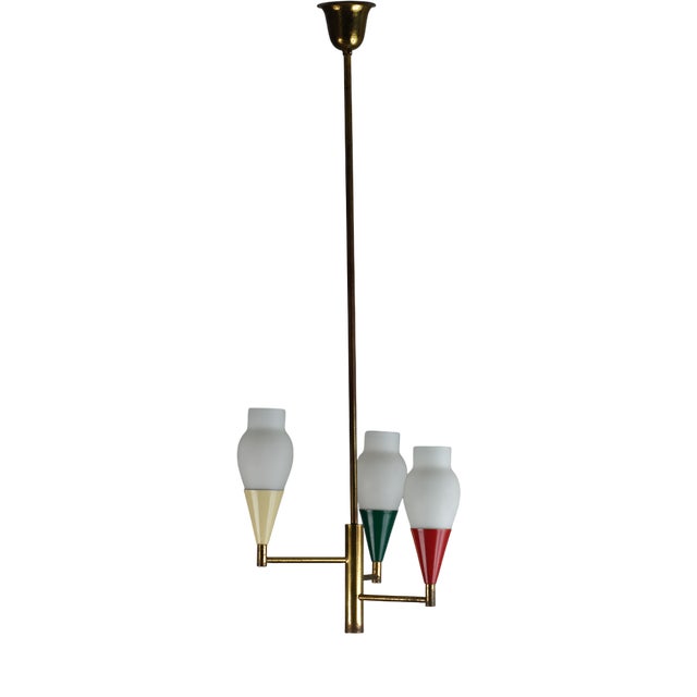 Vintage Italian Brass and Opaline Glass Chandelier, 1950s For Sale