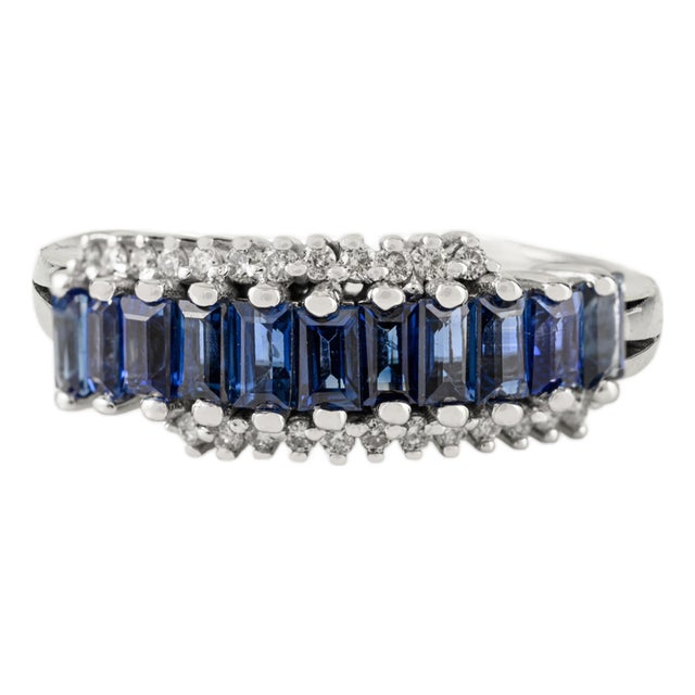 1920s Style 1.06 Ct Baguette Blue Sapphire & Diamond 14k Gold Band Ring Size 5.5 For Sale