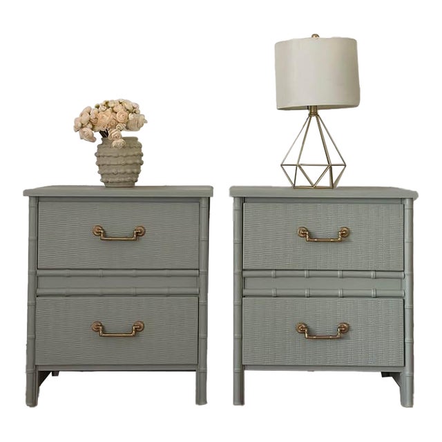 1960s Sage Green-Blue Nightstands Refinished (Style of Henry Link), A Pair For Sale