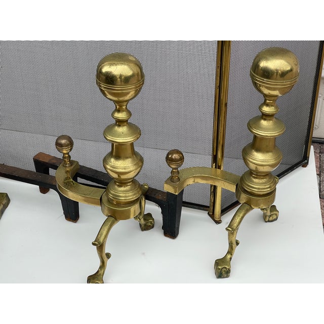 Antique American Brass Fireplace Set -Screen, Andirons and Fireplace Tools Set For Sale - Image 9 of 11