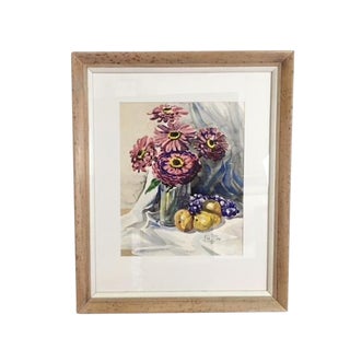 1950s Realism Watercolor, Fruit and Flower Still Life by Fred Fisher For Sale