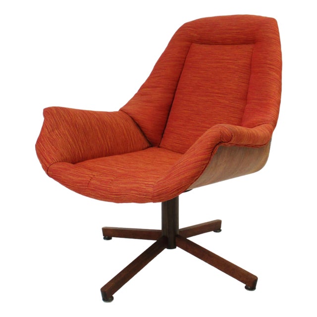 Rare Plycraft George Mulhauser Walnut Upholstered Swiveling Lounge Chair For Sale