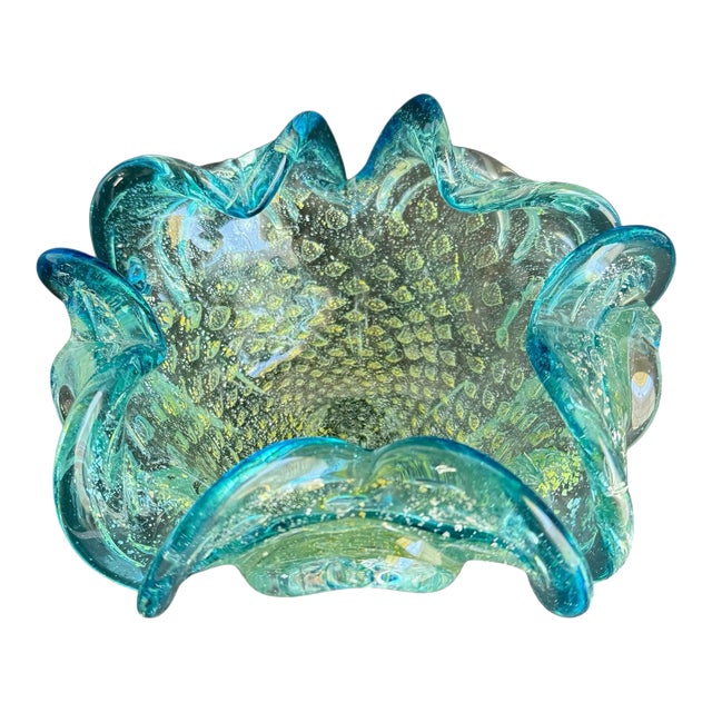 Art Glass Dish Turquoise Gold Bullicante Bubbles Mid Century Italian Murano For Sale