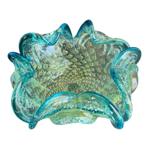 Art Glass Dish Turquoise Gold Bullicante Bubbles Mid Century Italian Murano