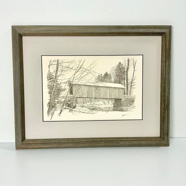 American Mid-Century Americana Rustic Lithograph From Pencil Drawing, Covered Bridge Framed. For Sale - Image 3 of 13