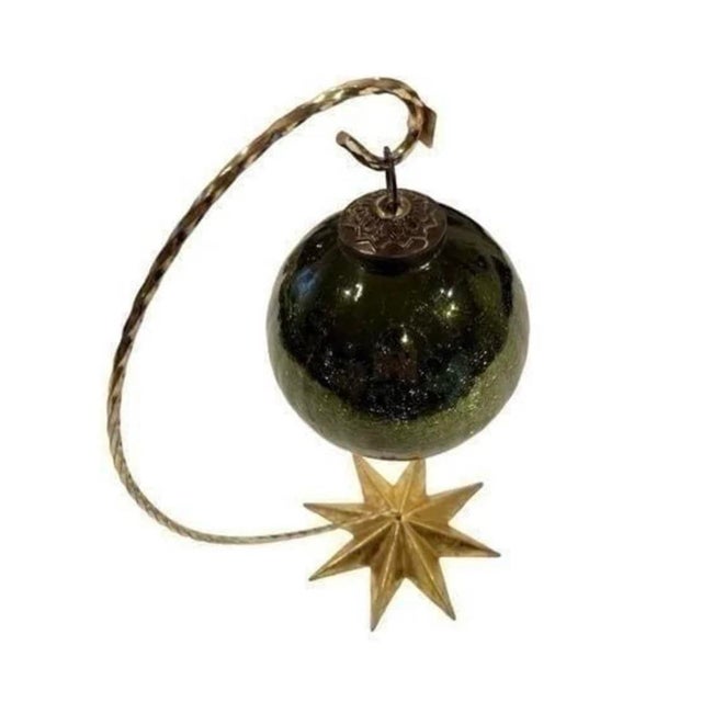 Antique German Large Glass Hanging Ball Ornament on Gold Star Stand Kugel? 4” to 5” glass shiny ball on gold stand, to...