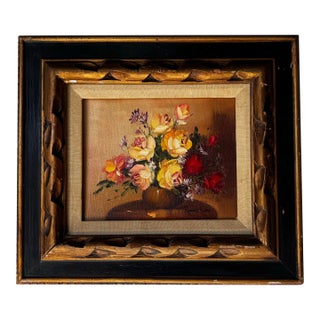 Vintage Robert Cox Still Life Oil on Canvas Board Painting, Wood Framed For Sale