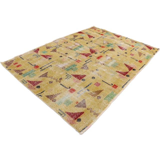 Zeki Muren Distressed Vintage Turkish Sivas Rug with Abstract Expressionist Style 04'09 x 06'00. The bold geometric...